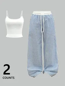 Women's Two-Piece Set, Striped Plaid Crop Top & Skinny Pants, Street Style Hip Hop Dance, Slim-Fit Casual Fashion Knit Tank Top Outfit