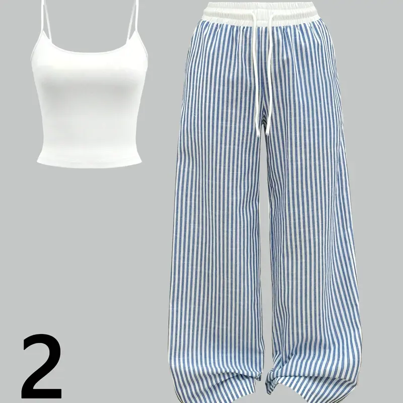 Women's Two-Piece Set, Striped Plaid Crop Top & Skinny Pants, Street Style Hip Hop Dance, Slim-Fit Casual Fashion Knit Tank Top Outfit, Striped Lounge Set, Womenswear
