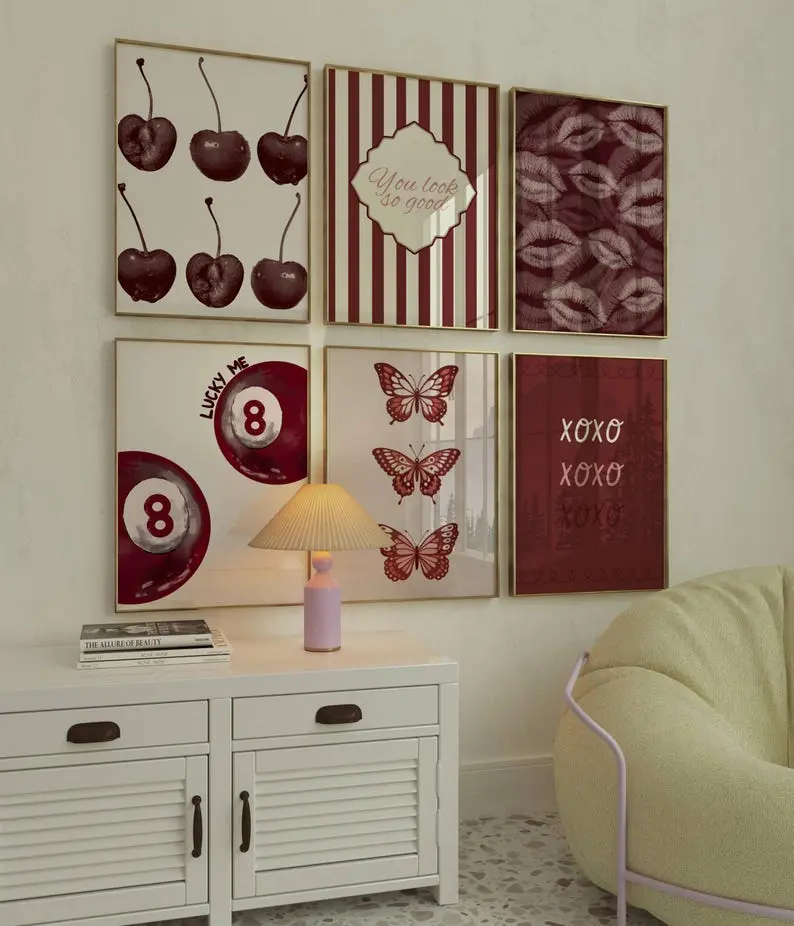 Retro Red Wall Art Set of 6 | Girly Y2K Cherry Print Posters | Bold Fashion Gallery Wall Decor