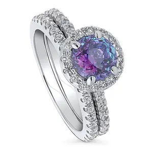 BERRICLE Sterling Silver Halo Kaleidoscope Engagement Rings Stackable Band for Women, Purple Aqua Round Cut Cubic Zirconia CZ Ring Set