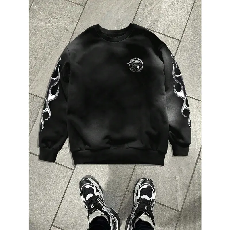 Men's Stretch Long Sleeve Round Neck Graphic Crewneck Sweatshirt - Soft Polyester Fabric, Drop Shoulder, Standard Sizes Clothes, Casual Pullover for Streetwear, Suits Trousers or Cargo Sweatpants