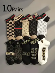 Men's Vintage Trendy Socks, 10 Pairs Spring Summer New British Retro Low-Cut Boat Socks, Letter Print Socks, Letter Chessboard Pattern, Sweat-Wicking Breathable Casual Sports Wear