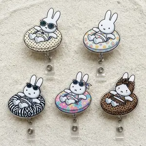 Kawaii Summer Miffy Badge Reel - Retro Pool Float & Sunglasses Bunny Retractable ID Holder  - Cute Acrylic Name Tag Clip Gift