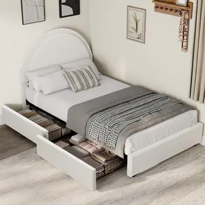 Twin Size Bed Frame with Storage Drawers, Upholstered Boucle Platform Bed with Round Headboard, Heavy Duty & Noise Free, No Box Spring Needed, White