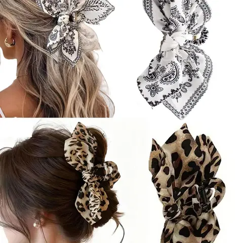 【Black Friday】Women's Printed Decorative Extra-Large Hair Claw Clips for Thick Hair, Bow-Shaped Non-Slip Hair Accessories, Stylish Gift for Women and Girls, Leopard & Paisley Bow Design
