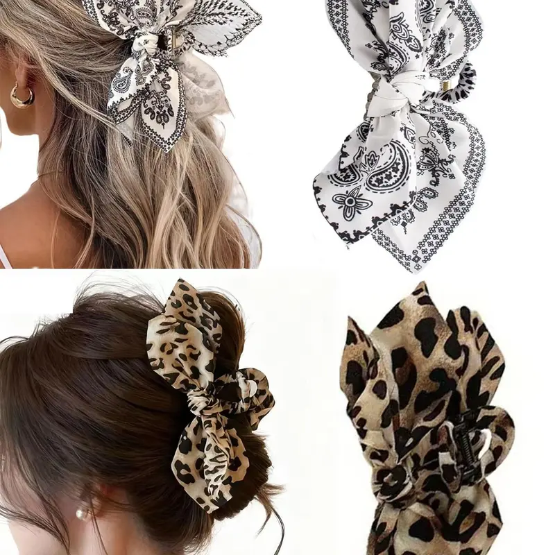 【Black Friday】Women's Printed Decorative Extra-Large Hair Claw Clips for Thick Hair, Bow-Shaped Non-Slip Hair Accessories, Stylish Gift for Women and Girls, Leopard & Paisley Bow Design