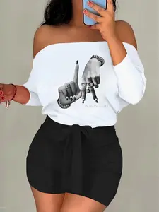 Women's Hand Print Off Shoulder Long Sleeve Crop Top & Skinny Shorts Two-piece Set, Casual Fashion Cozy Top & Shorts for Daily Outdoor Wear, Ladies Clothes for All Seasons, Suits, Fall outfit