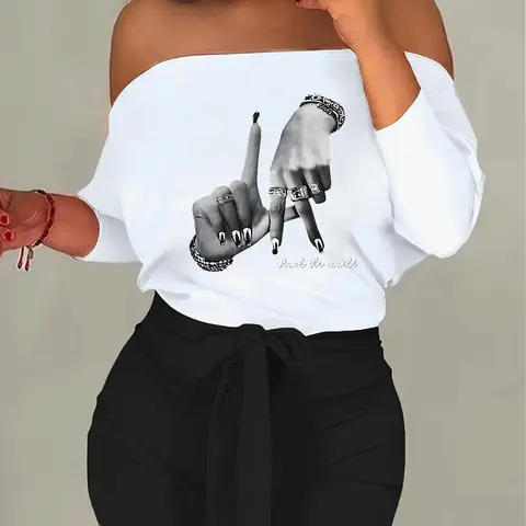 I8016r19 New European and American Style Casual Chic Two-Piece Set Colorblock One-Shoulder Tie Print, Fashionable Women's Clothing Two Pieces Outfits