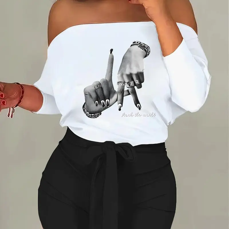 I8016r19 New European and American Style Casual Chic Two-Piece Set Colorblock One-Shoulder Tie Print, Fashionable Women's Clothing Two Pieces Outfits