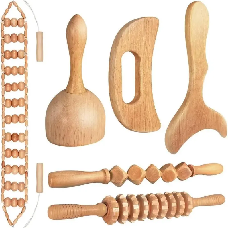 6-Piece Compact Wood Therapy Manual Massage Tools Sculpting Set - Relief Roller, Self Care Products for Adults’ Lymphatic Drainage, Sports Muscle Recovery Support, Skin Health