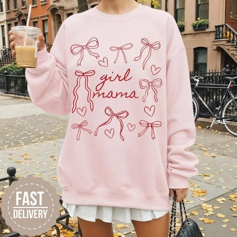 [Sale Up To 50%] Autumn Mom Sweater, Crewneck Sweatshirt Girl Mama, Coquette Mom To Be Sweater Gift, Girl Mama Mothers Day Gifts Bow Mama Crewneck Fall Gift, streetwear graphic tee