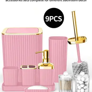 Bathroom Accessories Set,9 Piece Pink Bathroom Sets Complete With Toothbrush Holder, Trash Can, Lotion Soap Dispenser