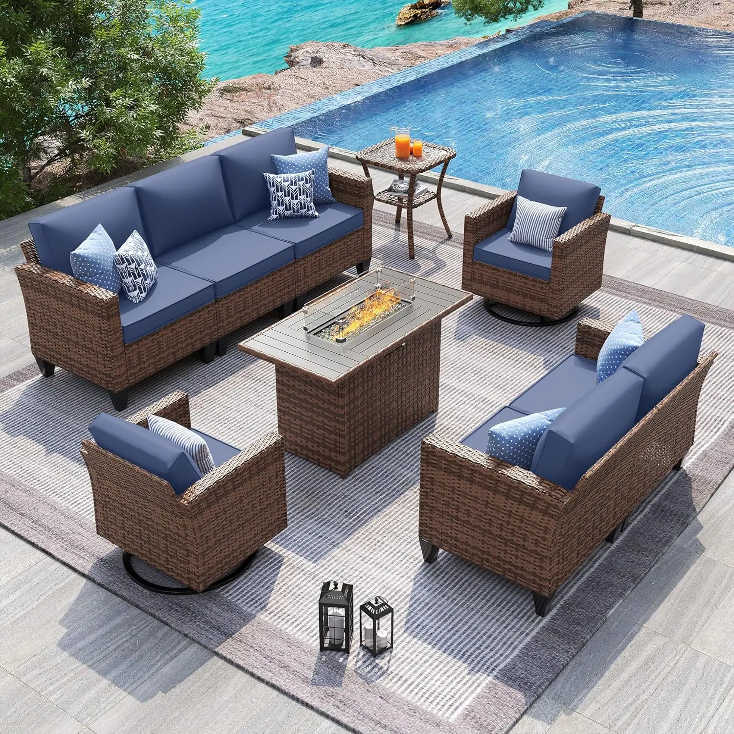 Amopatio Greenish Spring 6-Piece Patio Furniture Sets, Outdoor Rattan Lounge Couch with Swivel Rocking Chairs and Fire Pit Table, All-Weather Conversation Set for Backyard Garden