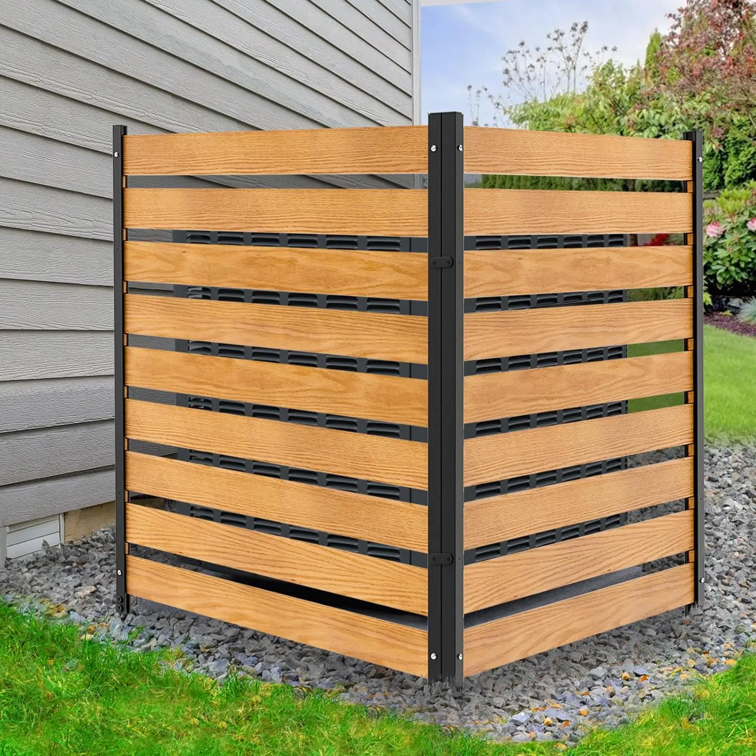 Lilypelle Outdoor Privacy Screen Fence | Natural Solid Wood Trash Can Enclosure & AC Unit Cover | No-Dig Garden Fencing with Sturdy Metal Stakes for Backyard, Patio, Pool Equipment