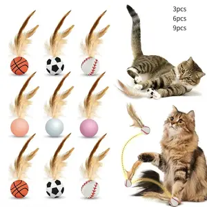 Interactive Cat Toys Set, New Elastic Ball with Feather Tail, Soccer Basketball Baseball Shapes, Indoor Chase Game, Essential Cat Toy
