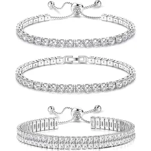 Viral Summer Tennis Bracelets For Women - Silver Plated Bracelet Stack Cubic Zirconia CZ Diamond Adjustable Stackable Bracelets Set For Prom Wedding Jewelry Gift 3Pcs
