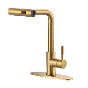 WOWOW 3-Mode Single Handle Waterfall Pull Down Sprayer Kitchen Faucet with 360° Rotation in Stainless Steel Brushed Gold