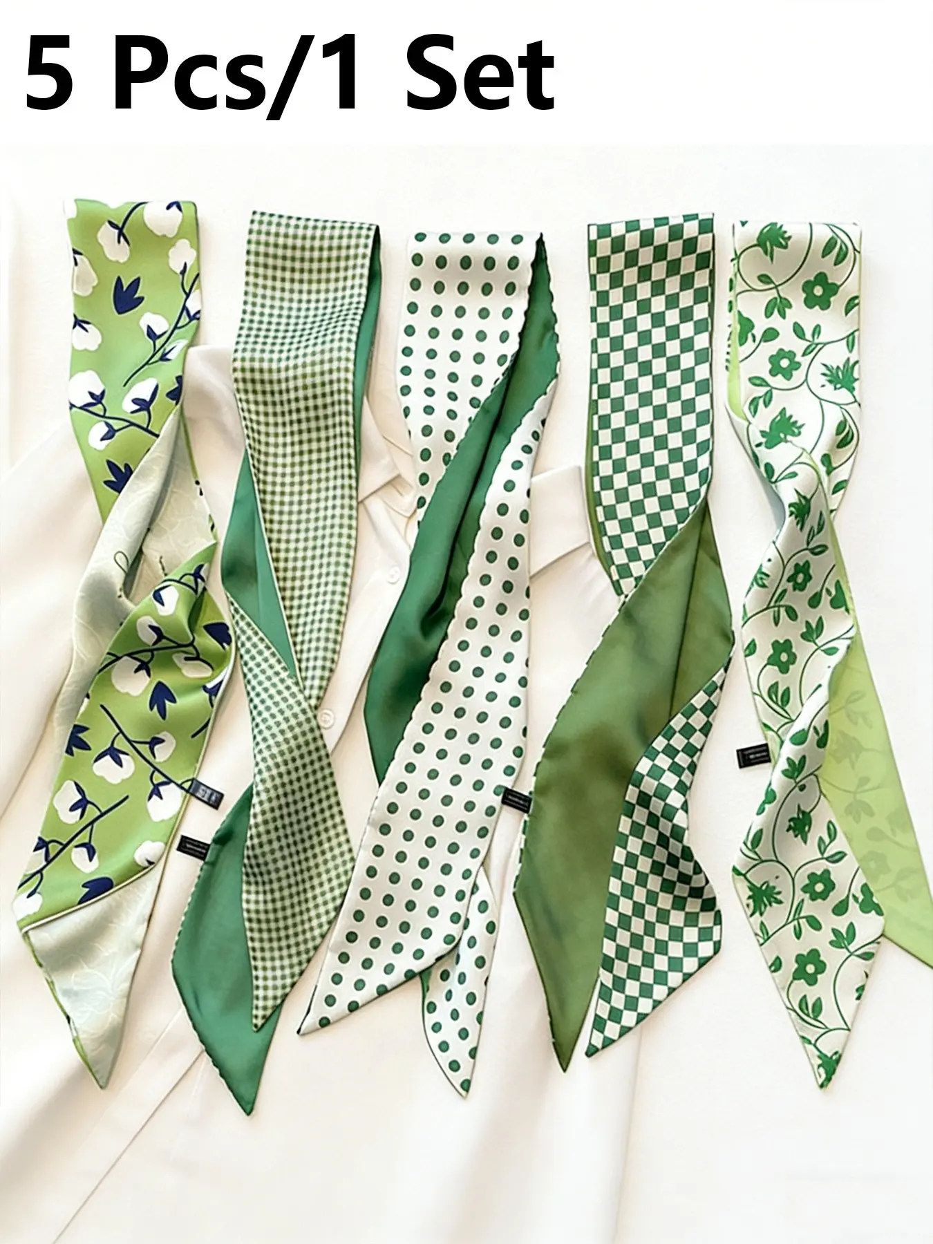 5 Pcs / 1 Set Elegant French Flower Plaid Polka Dot Scarf Set, Vintage Hairband, Woven Ribbon, Multifunctional Scarf, fashion neck shawl, All Season Shawl, Neck Scarf, Bag Accessory, Floral Pattern Shawl, Floral Print Shawl, Polyester Material, Neckscarf