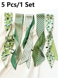 5 Pcs / 1 Set Elegant French Flower Plaid Polka Dot Scarf Set, Vintage Hairband, Woven Ribbon, Multifunctional Scarf, Neck Scarf, Bag Accessory, Polyester Material