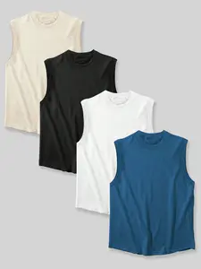 Men's 4-Pack Solid Sleeveless Tank Tops - Premium Fabric, Crew Neck, Curved Hem, Available in Khaki/Black/White/Blue, Perfect for Gym Training, Streetwear, Casual Layering & Essential Wardrobe Staples, Multipack Athletic Tanks