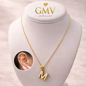 GMV Jewelry Royal Initial Set 18k Gold Plated- Full set necklace with pendant and earcuff