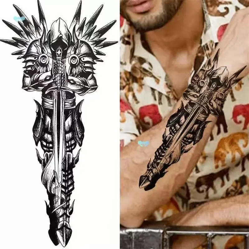 6 pieces of cross, devil, wolf totem tattoo patterns in American style, temporary tattoos for men, suitable for full arm, realistic and stylish fake tattoo stickers.