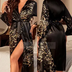 Black Print Flower Long Robe Nightgown Silk Satin Female Sleepwear Nightdress Spring Summer Loose Kimono Bathrobe Gown Home Wear