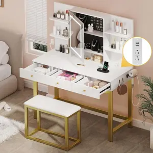 DWVO 39.5 W Vanity Desk Set, Makeup Table with LED Lighted Mirror and Power Outlet, Adjustable 3 Lights Modes, Vanity Table with Stool and Hidden Storage Shelves, 3 Drawers with for Girls Gift, Bedroom Furniture
