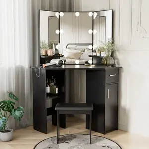 Modern White Makeup Vanity Set -  Corner Vanity With Mirror And Lights, With Drawers And Charging Station For Bedroom/Cloakroom,Valentine's Day Gifts