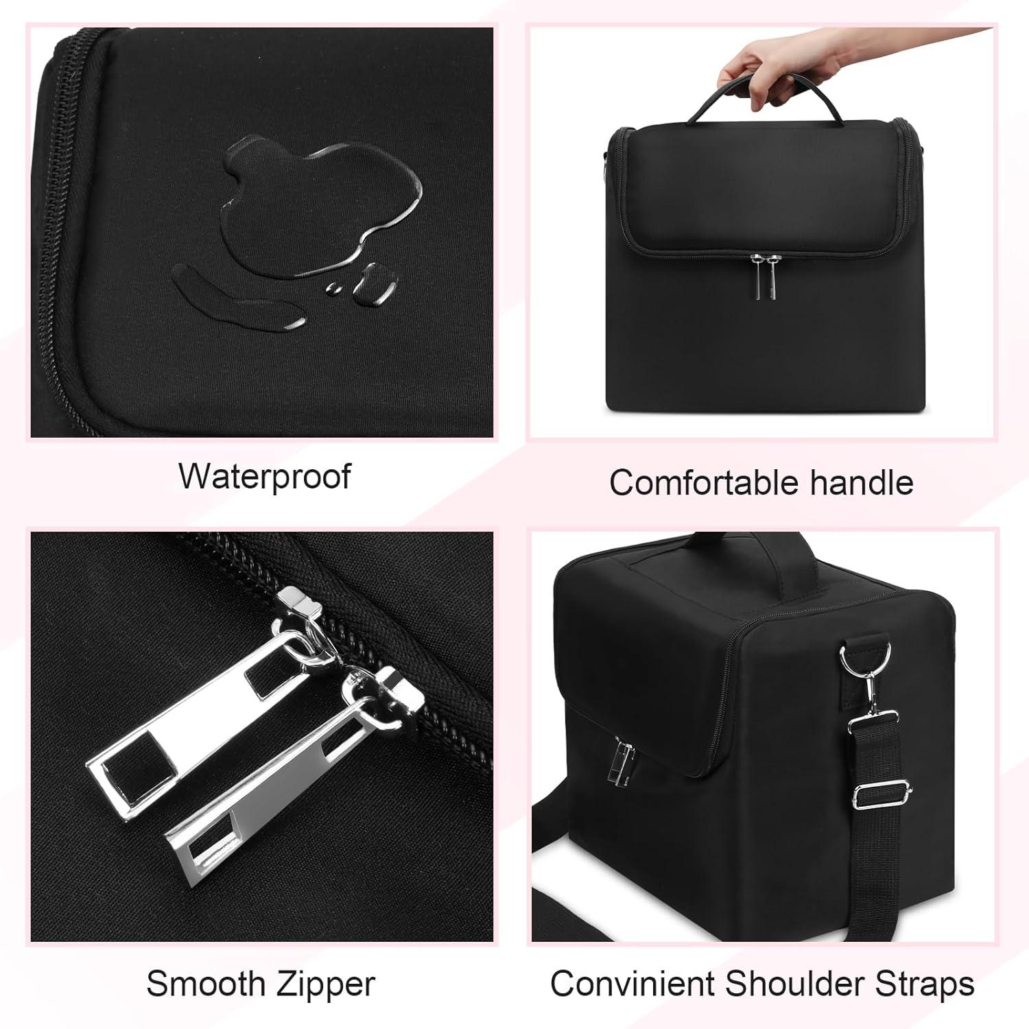 Large Makeup Carrying Train Case for Women, Black Travel Bag Storage Box,4 Tier Professional Nail Organizer Case with Adjustable Dividers for Nail Tools Jewelry MakeUp Brushes