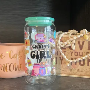 Crafty Girl 16oz Libby glass cup with teal Plastic Lid and Plastic Straw Drinkware