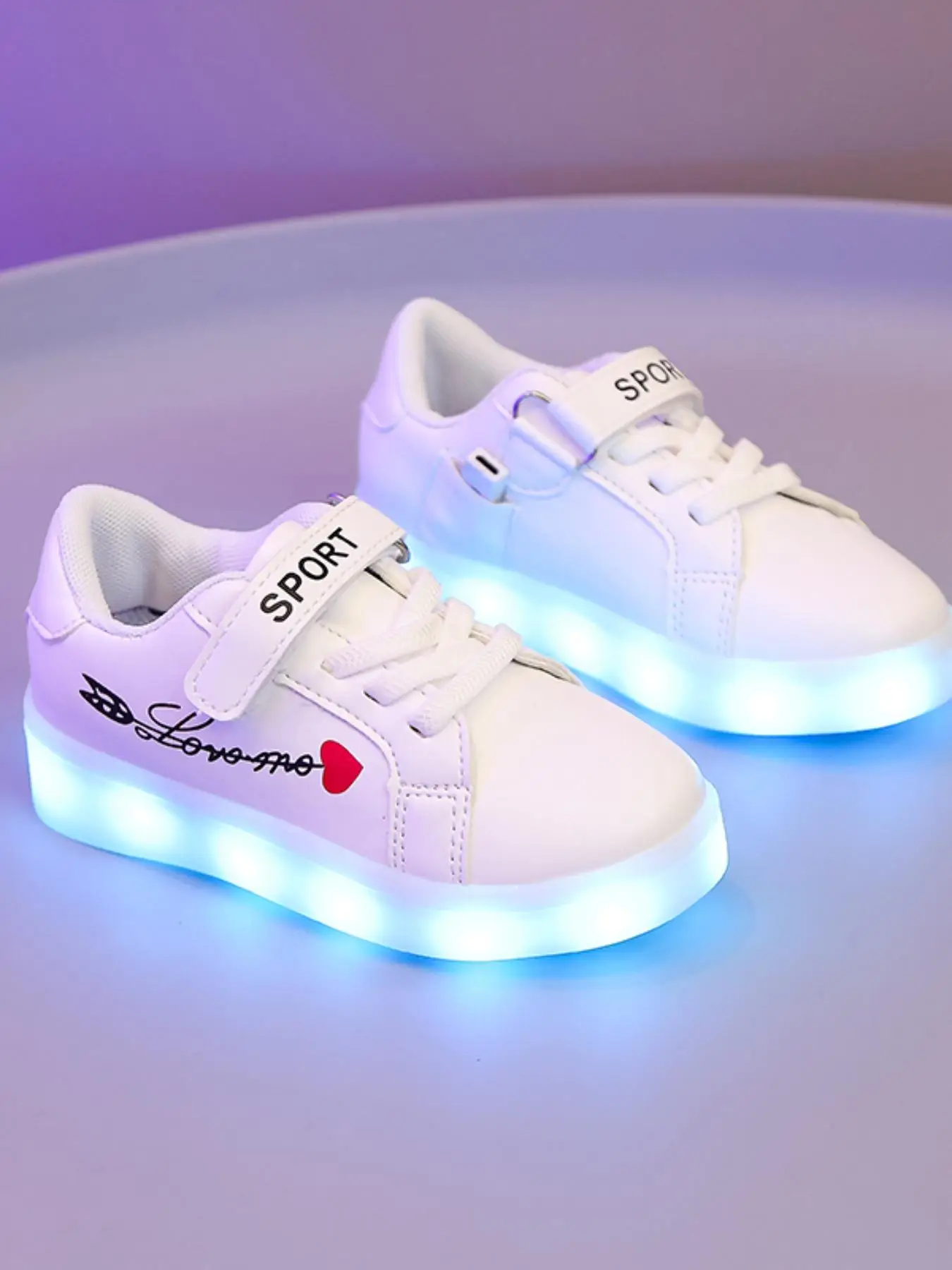 Boy's USB Charging Led Light Shoes, Letter & Heart Pattern Sneakers, Glow-in-the-dark White Skate Shoes, Fashionable Lace-up Sports Running Shoes for