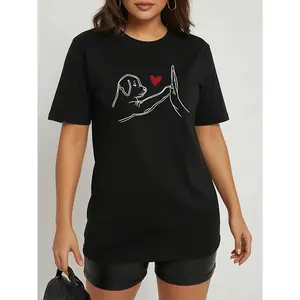 Women's Cute Dog High-Five Heart Print T-Shirt: Crew Neck Short Sleeve Soft Fabric, Breathable SS Wear, Daily Cute Style, Pet Lovers' Must-Have