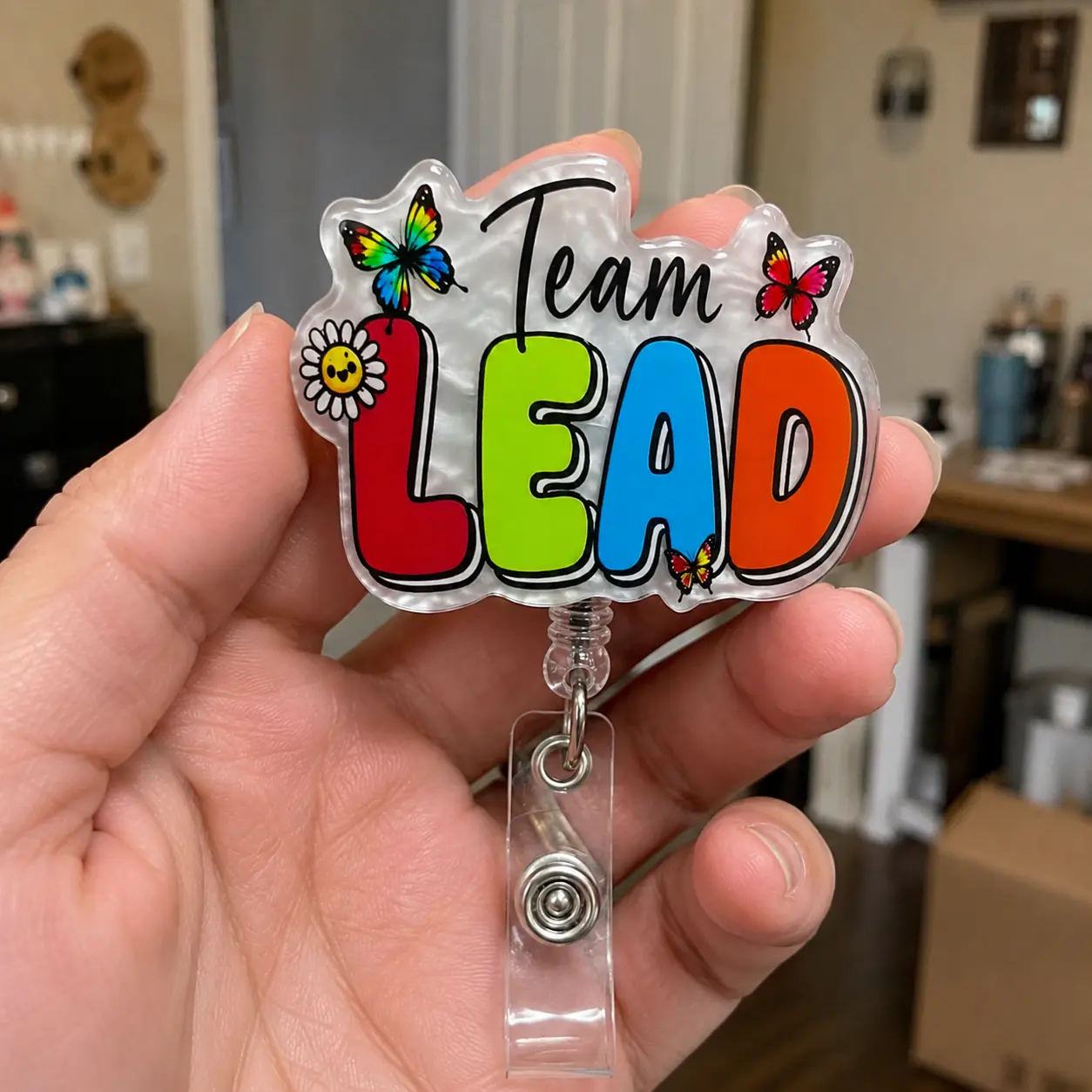 Badge Reel for Team Leads, Cute Butterfly Acrylic Team Lead ID Holder, Retractable Clip Work Promotion Appreciation Gift