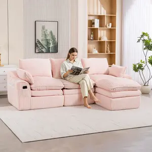 103''L Shaped Cloud Sectional Couches with Movable Ottoman, Compressed Modular Sectional Sofa with Storage Pockets|Double-Layer Cushions, Modern Corduroy Upholstered Couch for Living Room (Pink)