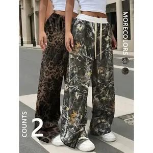Women's Leopard & Camo Print Drawstring Waist Sweatpants, Casual Pocket Wide Leg Trousers for Daily Wear, Ladies Bottoms  Streetwear for All Seasons