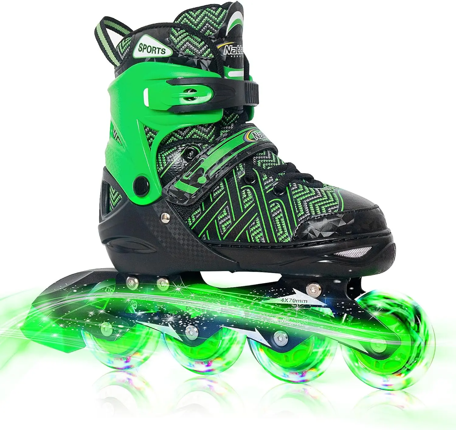 Nattork Kids' Adjustable Inline Skates (Model 131, Green) - 4 Size 1-Push-Change Adjustment, High-Top Support, Breathable Mesh, 8 82a High-Elasticity Glowing PU Wheels, ABEC-7 Bearings, Triple Lock Protection, Ideal for Beginners Indoor Use, Glowing Wheel