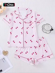 【Valentine's Day】Women's Spring Summer Pajama Set, Cartoon Print, Comfortable Shirt Collar Short Sleeve Top & Loose Elastic Shorts, Casual Home Wear