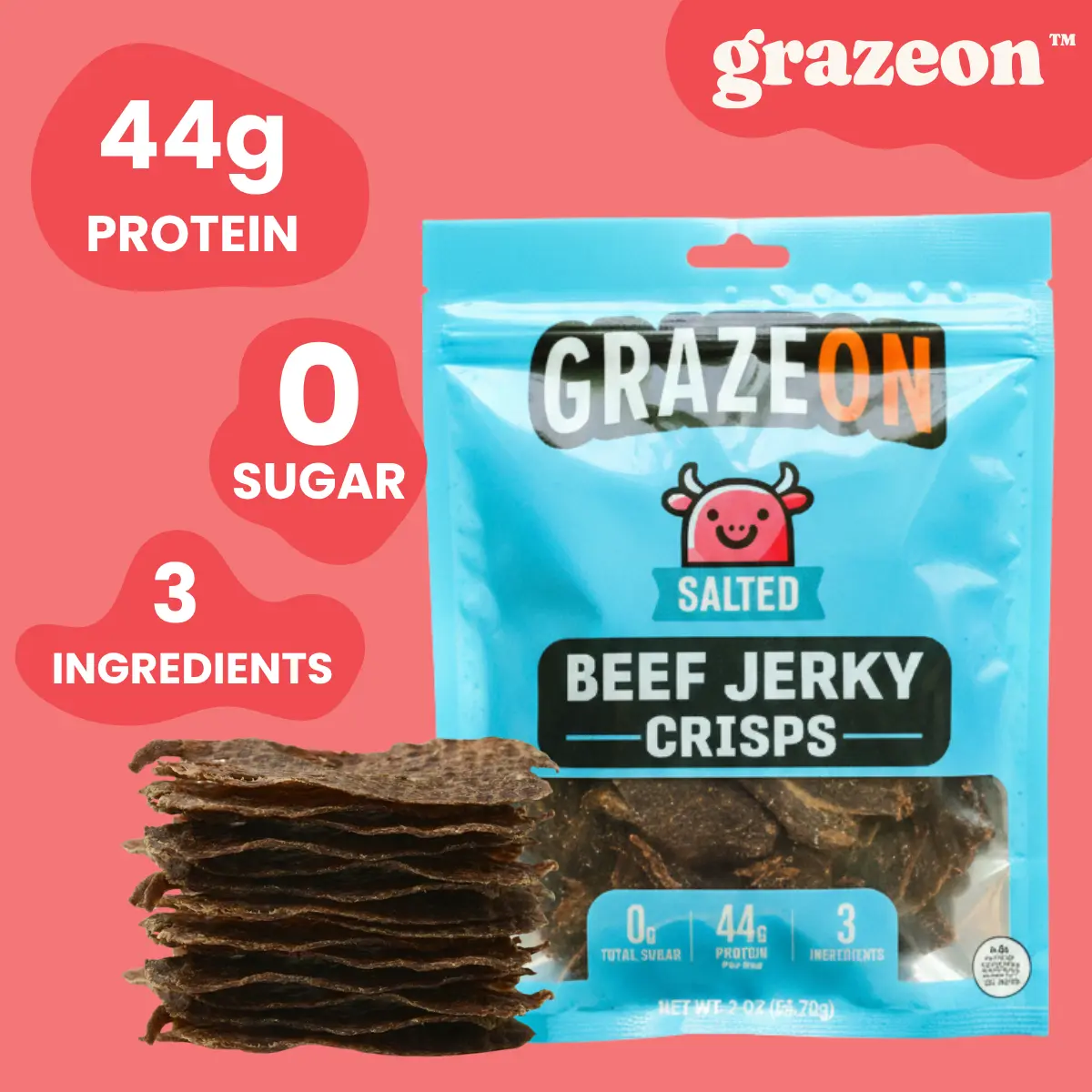 GrazeOn Salt Beef Jerky Crisps High Protein No Sugar Crunchy Air-Dried Meat Snack All-Natural 2.0 oz Low Carb Keto-Friendly