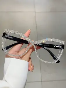 Women'S Stylish Fashion Eyeglasses Blue Light Blocking Cat-Eye Glasses Adorned with Rhinestones Casual Eyeglasses