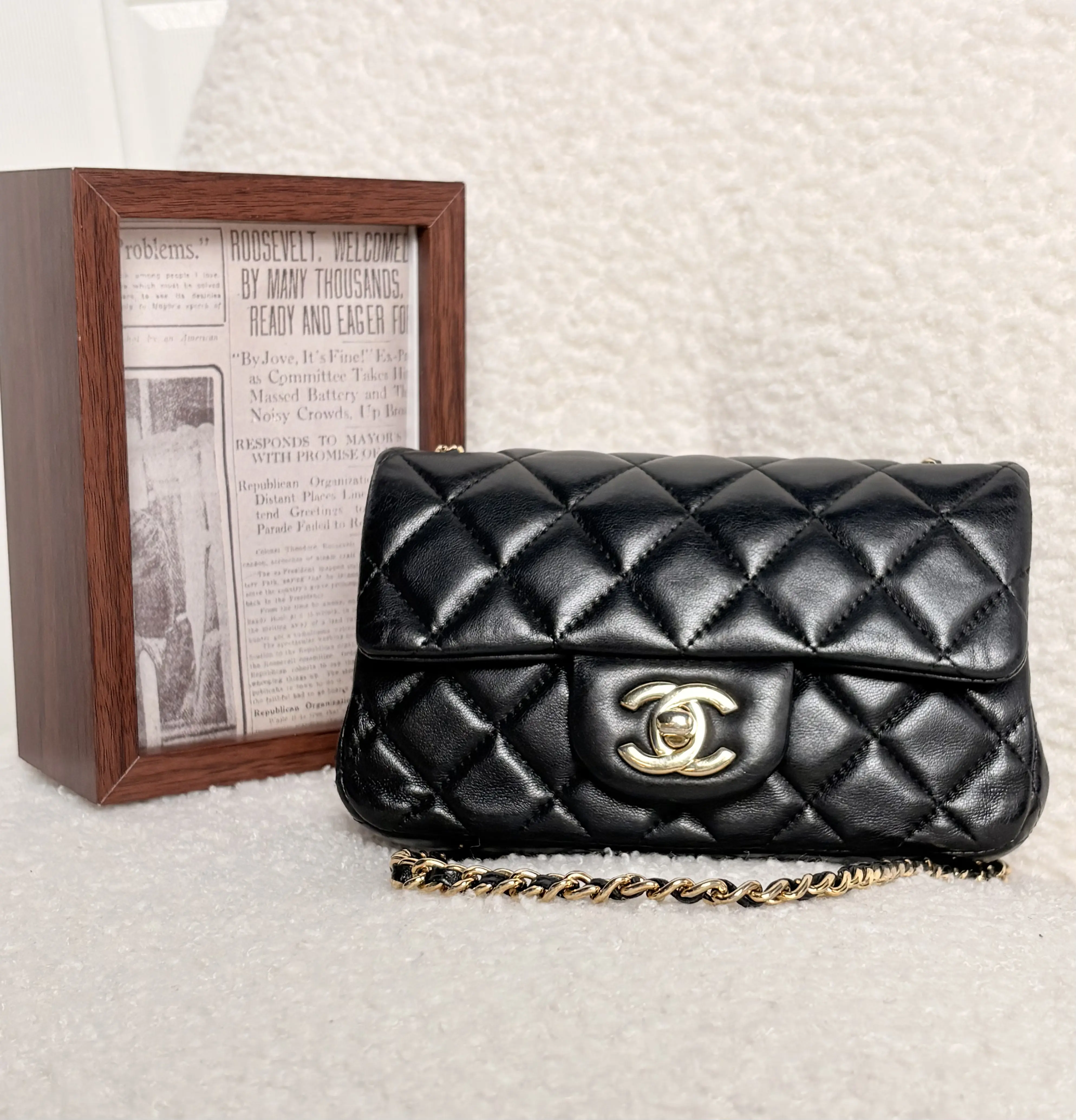 Pre-owned CHANEL Classic Mini Double Flap Bag in Black Quilted Lambskin Leather with Gold Tone Hardware HK A144 Double Flap Bag in Black Quilted Lambskin Leather with Gold Tone Hardware HK A144