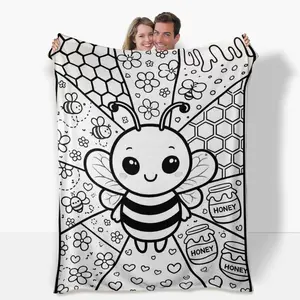 Bee Pattern Color Fillable DIY Blanket Ultra Soft Flannel Creative Art Project Cozy Warm Bedroom Couch Sofa Throw Decor Parent Child Craft Collaborative Decorative Throw Perfect Birthday Gift Christmas Gift for Kids Adults Families Coloring Activity Style