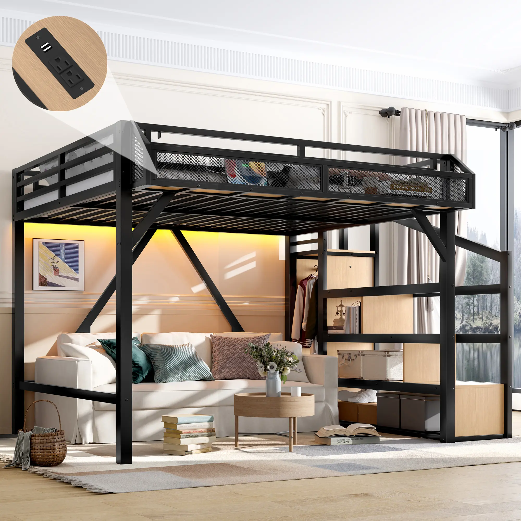 Eyisean Gaming Loft Bed with Storage Stairs, Metal Loft Bed Frame with USB Ports and LED Lights, Noise-reduced Design, Heavy-Duty Adults Lofts Beds with Large Under-Bed Space for Bedroom