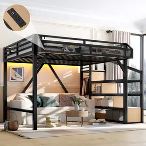 Eyisean Gaming Loft Bed with Storage Stairs, Metal Loft Bed Frame with USB Ports and LED Lights, Noise-reduced Design, Heavy-Duty Adults Lofts Beds with Large Under-Bed Space for Bedroom