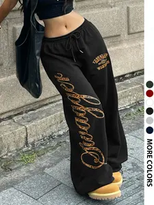 Women's Casual Sporty Long Pants, Letter Pattern Print, Drawstring Loose Wide Leg, All Season Fashion, Ladies' Comfortable Trousers, Casual Lounge Pants