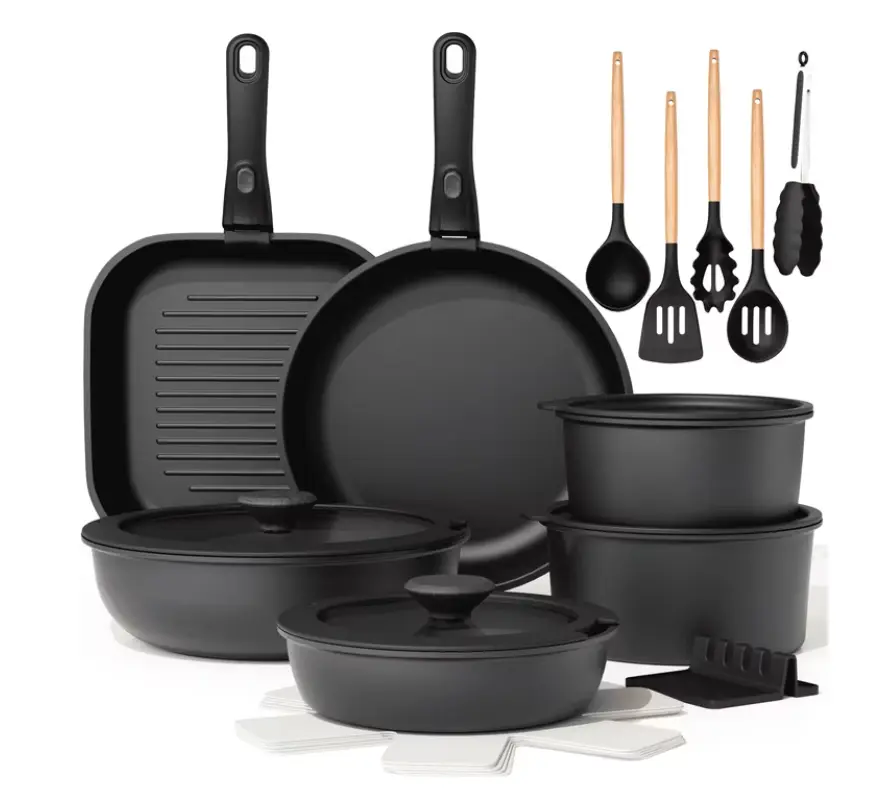 Astercook 22 Piece Pots and Pans Set Non Stick, Cookware Set with Detachable Handles, Induction Compatible & Oven Safe, Stackable Space-Saving Kitchen Cooking Set for RV, Camping & Home