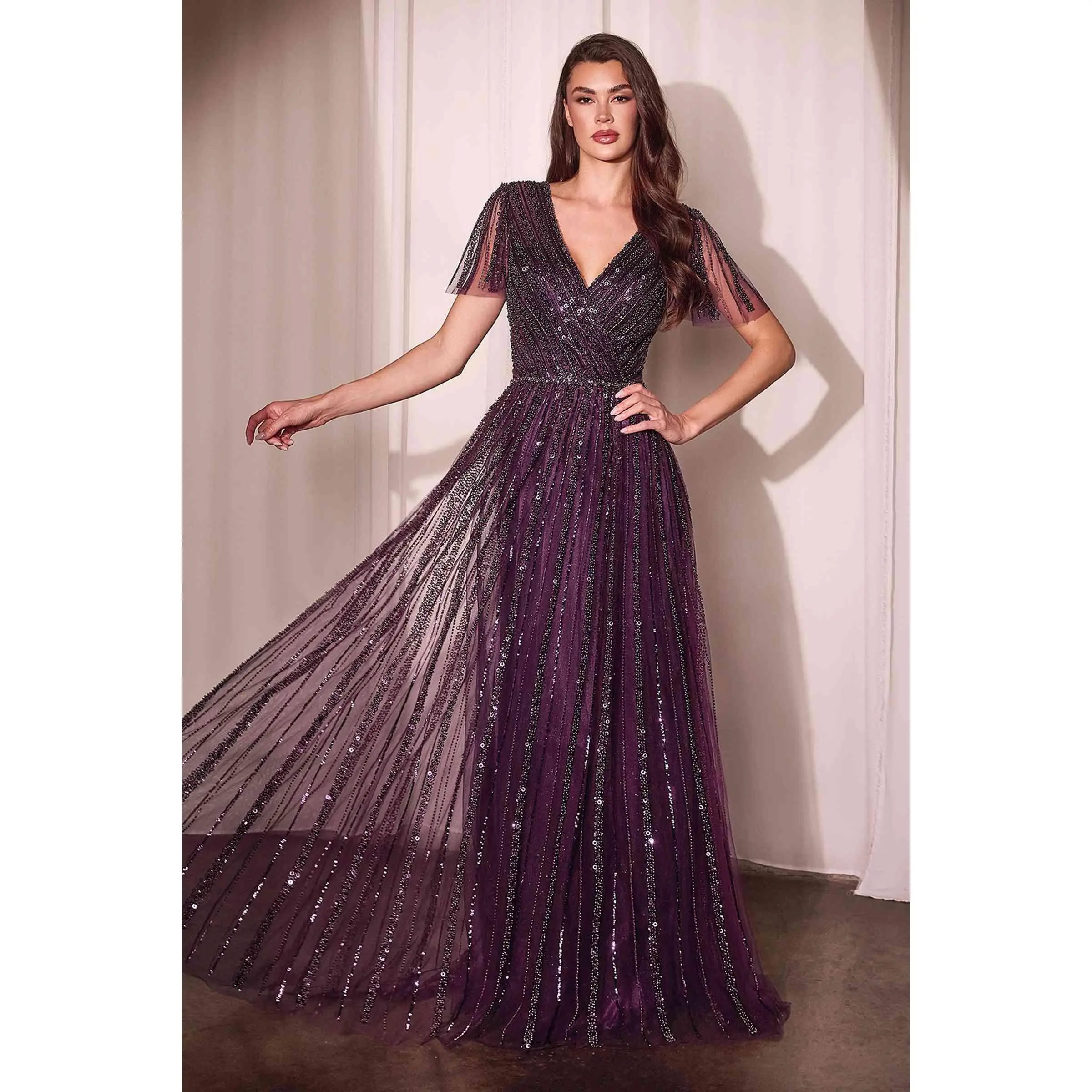 Ladivine CD0241 Mother of the Bride Gown - V-Neck Pleated Tulle A-Line Dress with Embellished Butterfly Short Sleeve, Lace-Up, Modest, Full-Length, 6-20, Beaded, Elegant Formal Dress for All Seasons, Shortsleeve