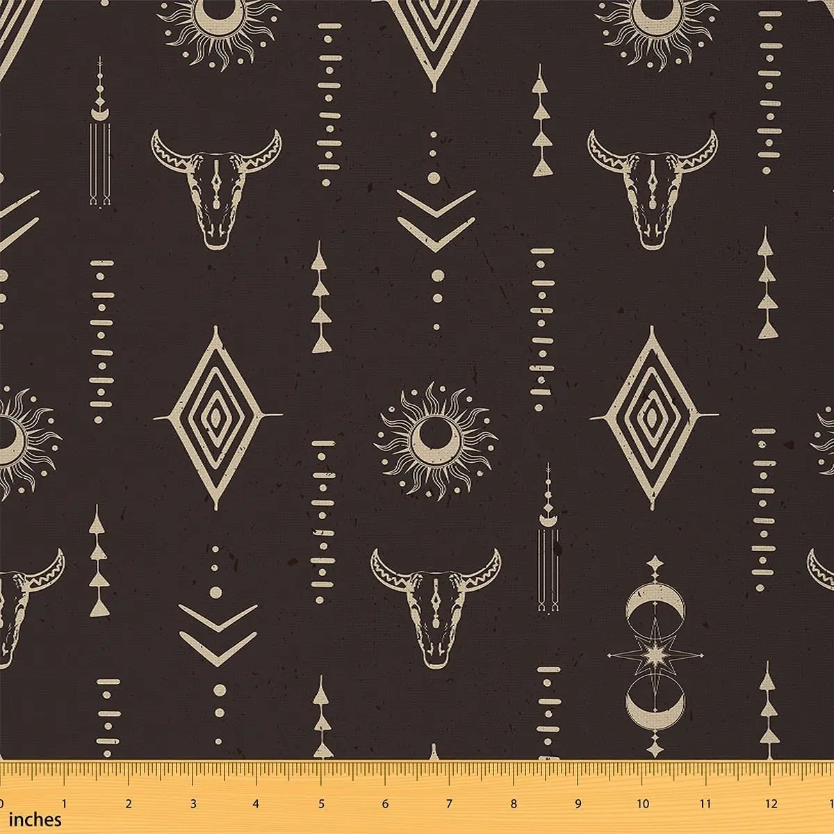 Feelyou Rustic Southwestern Medium Weight Tight Weave Waterproof Upholstery Fabric - 1yd (36"x58") Brown, Longhorn Skull, Sun Moon, Cowboy Motifs, Geometric Prints for Decoration, Indoor Sewing, Easy Cleaning