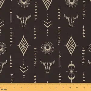 Western Fabric by The Yard,Southwestern Upholstery Fabric,1 Yard,Longhorn Skull Sun Moon Wild Western Cowboy Geometric Waterproof Fabric,Brown Fabric