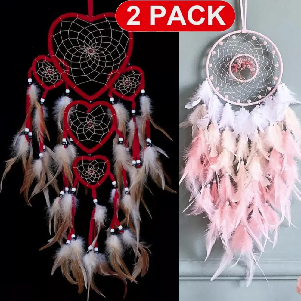 2PCS Large Handmade Red Dream Catcher Five hearts  +Pink Tree of Life  Traditional Dreamcatcher Feather Wall Hanging Decor,Christmas Thanksgiving Gift